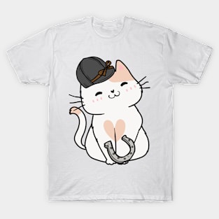 Funny white cat is ready to ride a horse T-Shirt